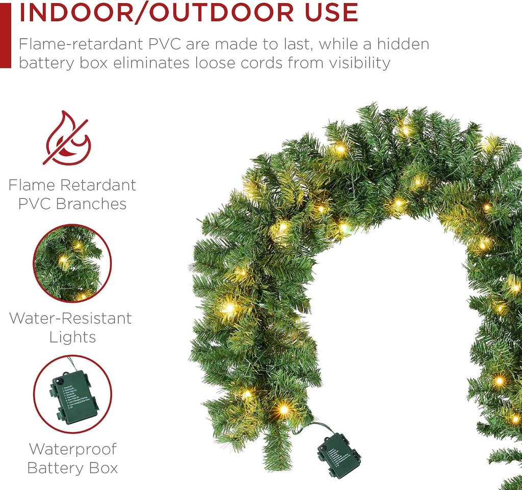 9ft Pre-Lit Battery Powered Christmas Garland for Stairs, Traditional Fireplace Holiday Decoration w/ 50 2-in-1 LED