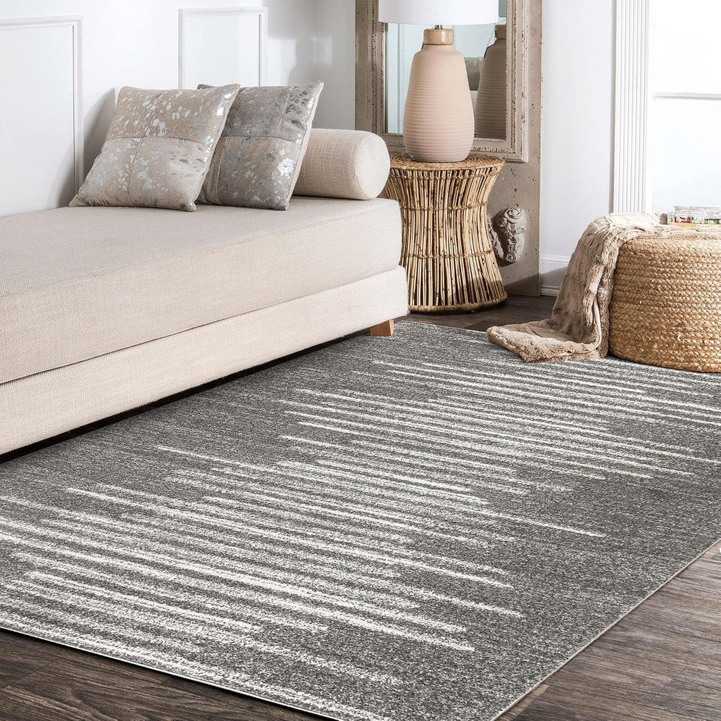 Aya Berber Stripe Geometric Gray/Cream Indoor Area Rug, Contemporary, Modern, Easy-Cleaning, Pet Friendly