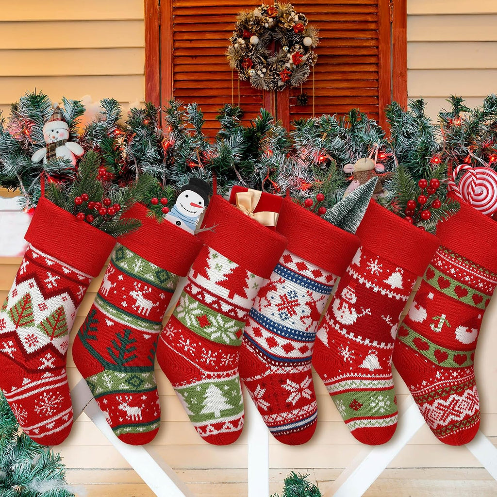 Inch Christmas Stockings Bulk Knit Large Stockings Christmas Knitted Rustic Holiday Tree Reindeer Snowflake - Set of 6
