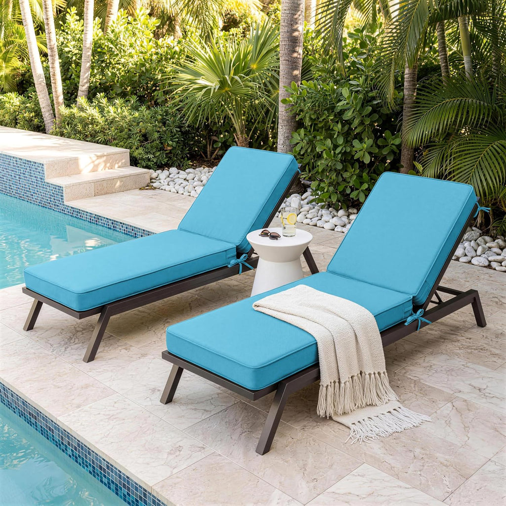 Outdoor Chaise Lounge Cushions Set of 2,Waterproof & Fade-Resistant Lounge Chair Cushion with Removable Cover & Tie