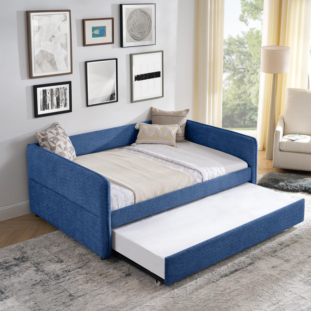 Full Size Upholstery Tufted Daybed with Erectable Trundle, Full to King Design Modern Extendable Boucle Sofa Bed