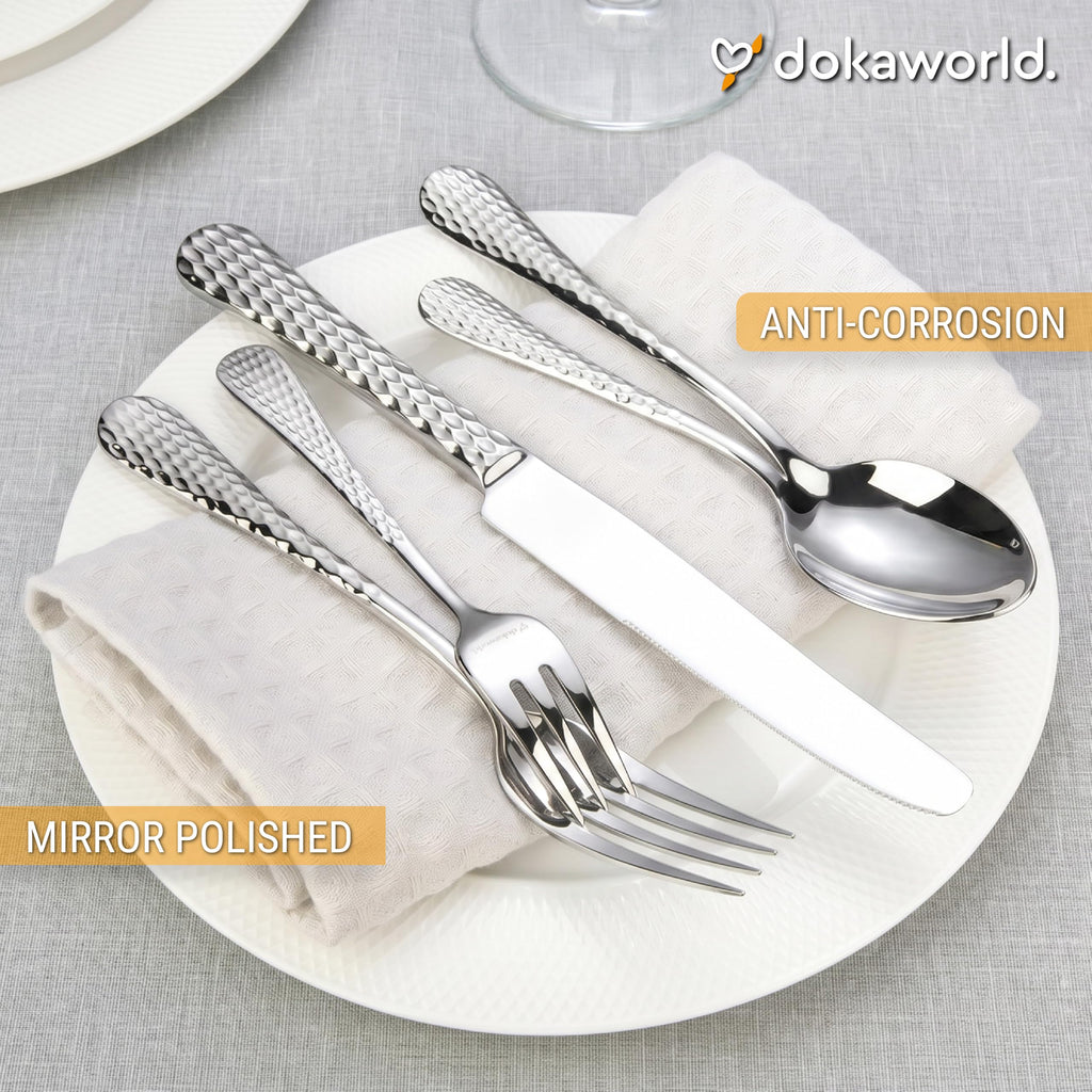 Stainless Steel Flatware - Hammered Design 40 Piece Cutlery Set