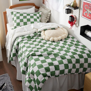 Twin/Twin XL Comforter Set - Twin Extra Long Comforter Set, Checkered Dorm Bedding for Boys, 2 Pieces, 1 Soft Green