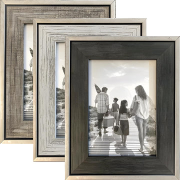 4x6 Rustic Picture Frames (3-Pack) - Distressed Farmhouse Industrial Table Frame - Ready to Hang or Stand - Built-in