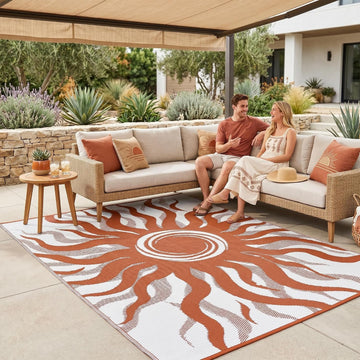 Outdoor Rug 9x12 Waterproof Patio Rugs with Boho Sun Pattern, Reversible Plastic Straw Camping Rugs Outdoor Indoor RV