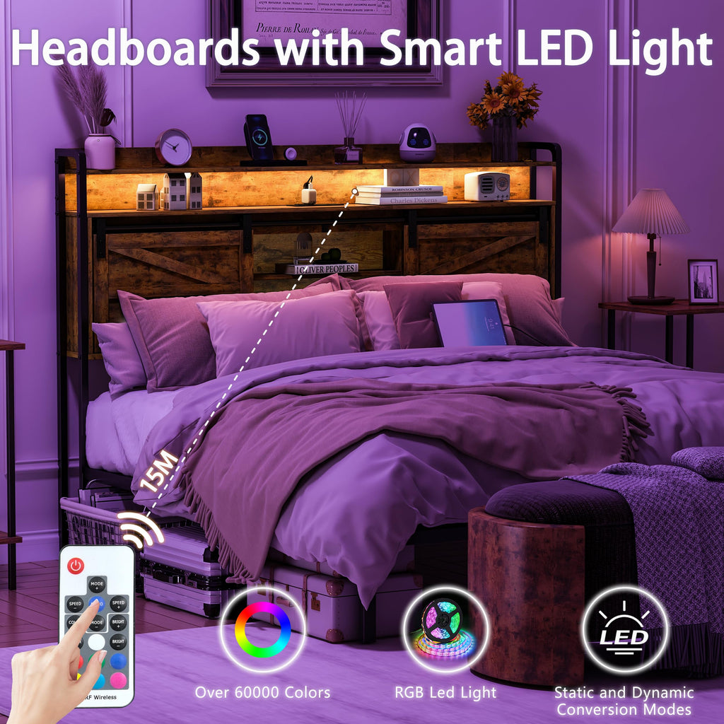 Headboard with Storage, 3 Tier Size Headboard only with Outlets, USB Ports and LED Light Strip, Headboards