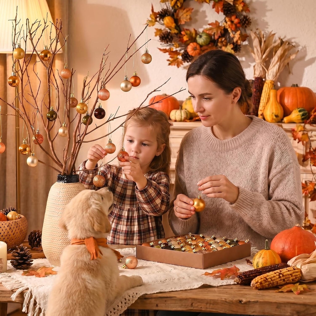 Mini Fall Ornaments Gold Shatterproof Tree Decorations - Set of 49