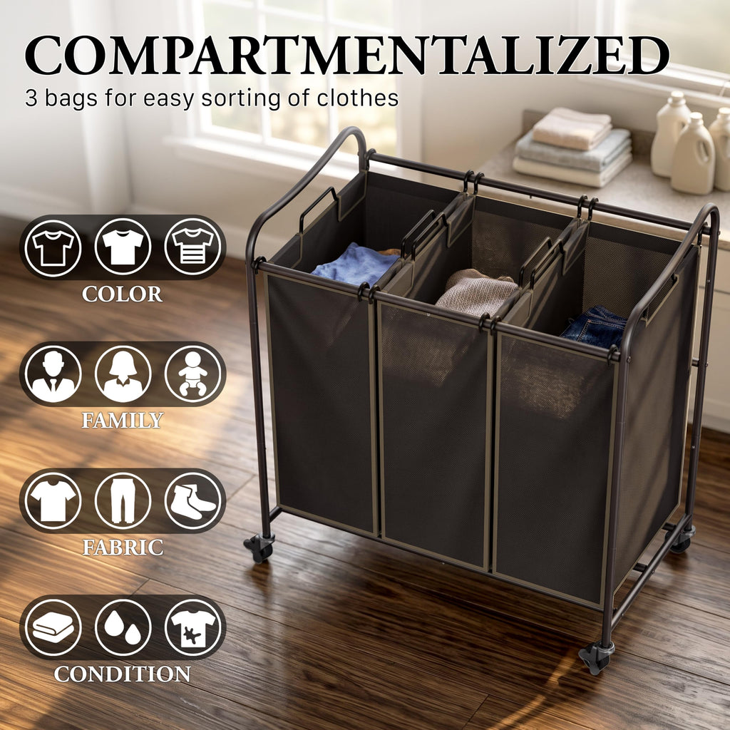Heavy Duty 3-Bag Laundry Sorter Rolling Cart, Bronze