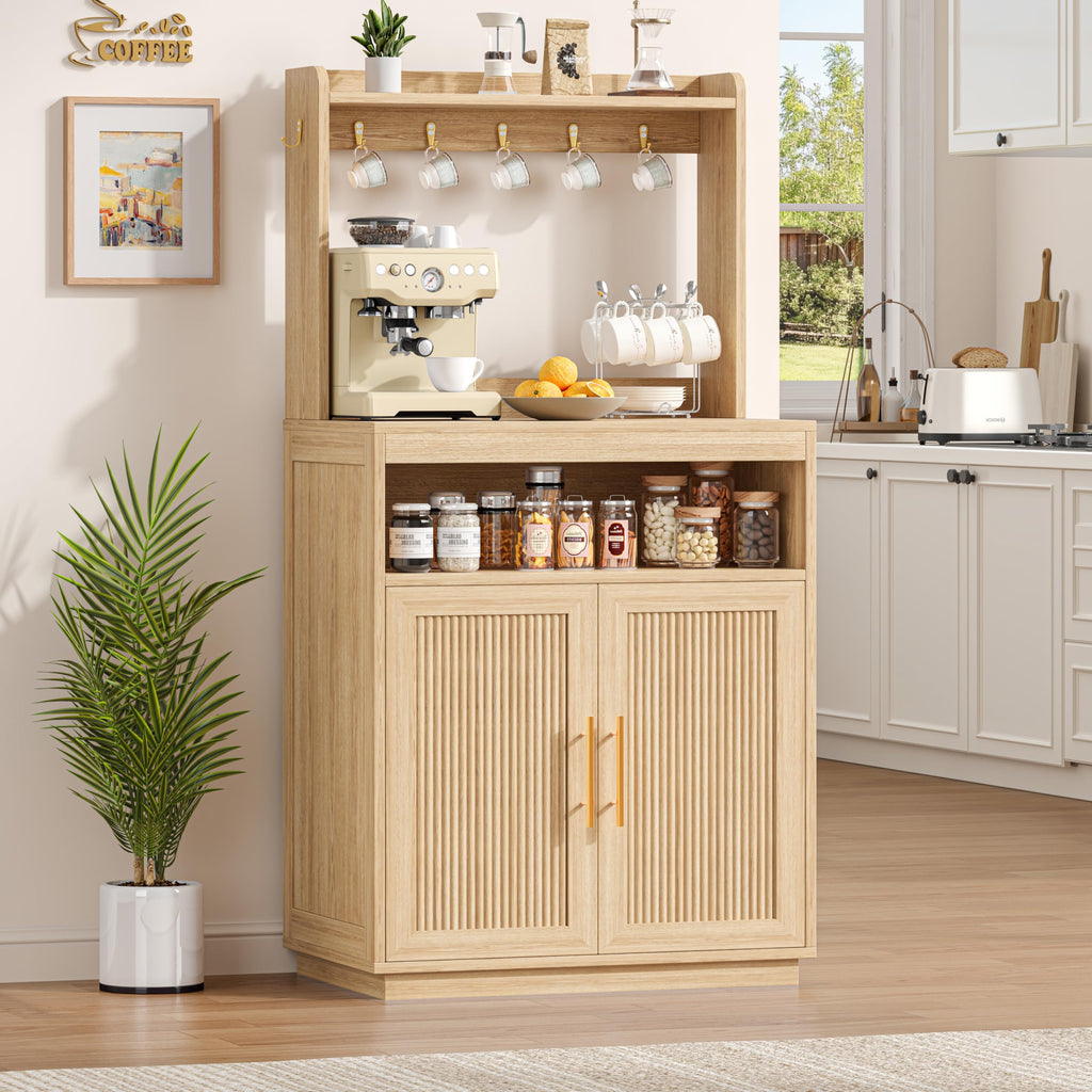Fluted Coffee Bar Cabinet, Buffet Coffee Station with Hutch
