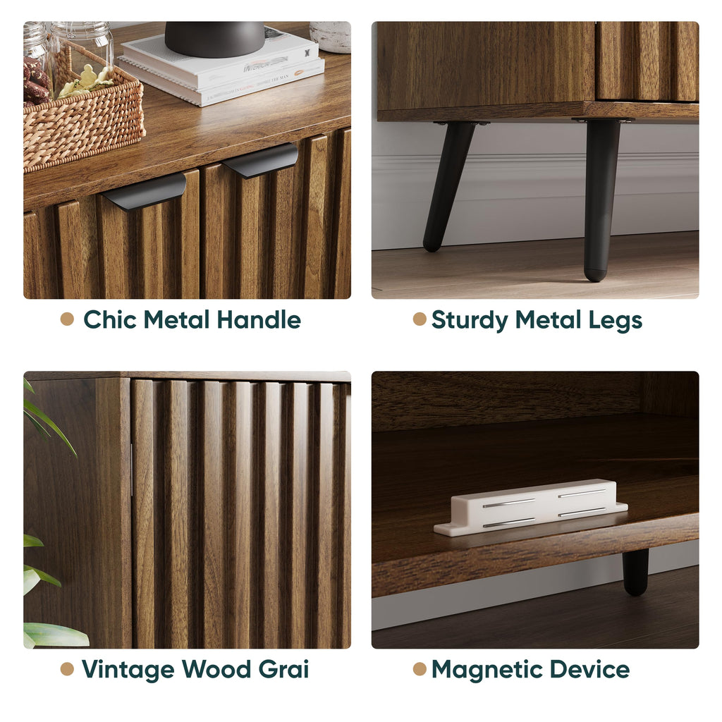 Walnut Buffet Cabinet with Storage, Sideboard Cabinet with Fluted Doors and Metal Legs, Storage Cabinet with