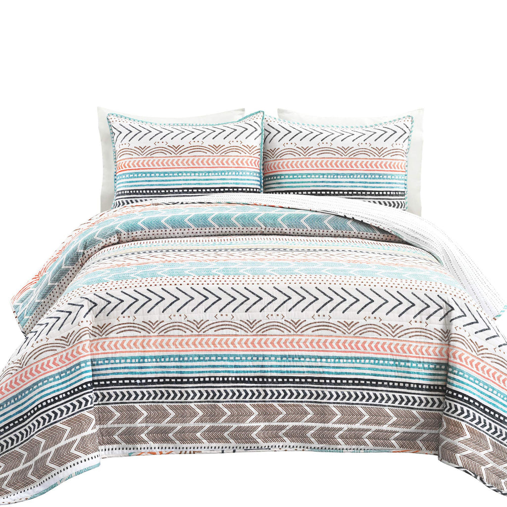 Hygge Geo Cotton Reversible Quilt, 3 Piece Set, Full/Queen, Neutral/Multi - Geometric Striped Bedding - Queen Size