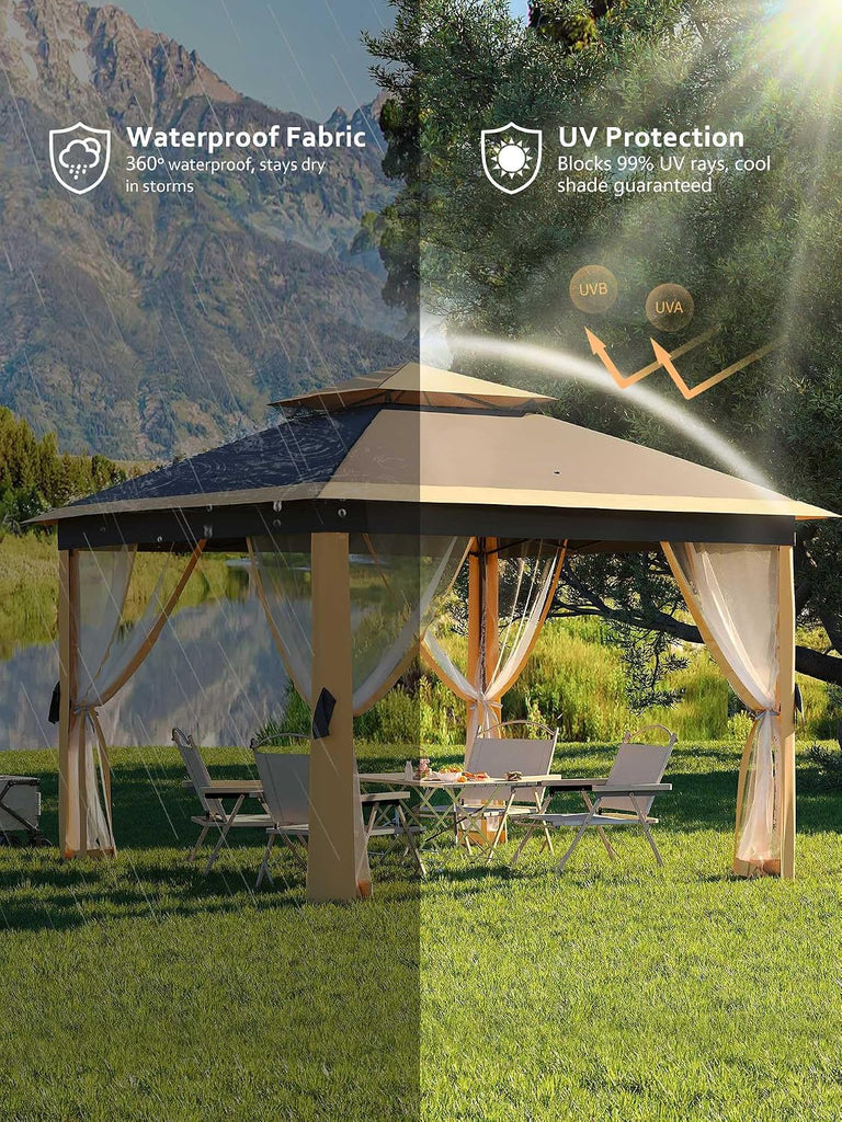 11x11 Pop Up Gazebo Tent with Mosquito Netting, Outdoor Canopy Shelter Easy Setup, Water & UV Resistant - Khaki
