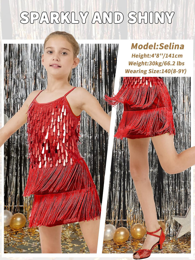 2Pcs Girls Sequin Fringe Dress & Shorts, 1920s Flapper Latin Dance