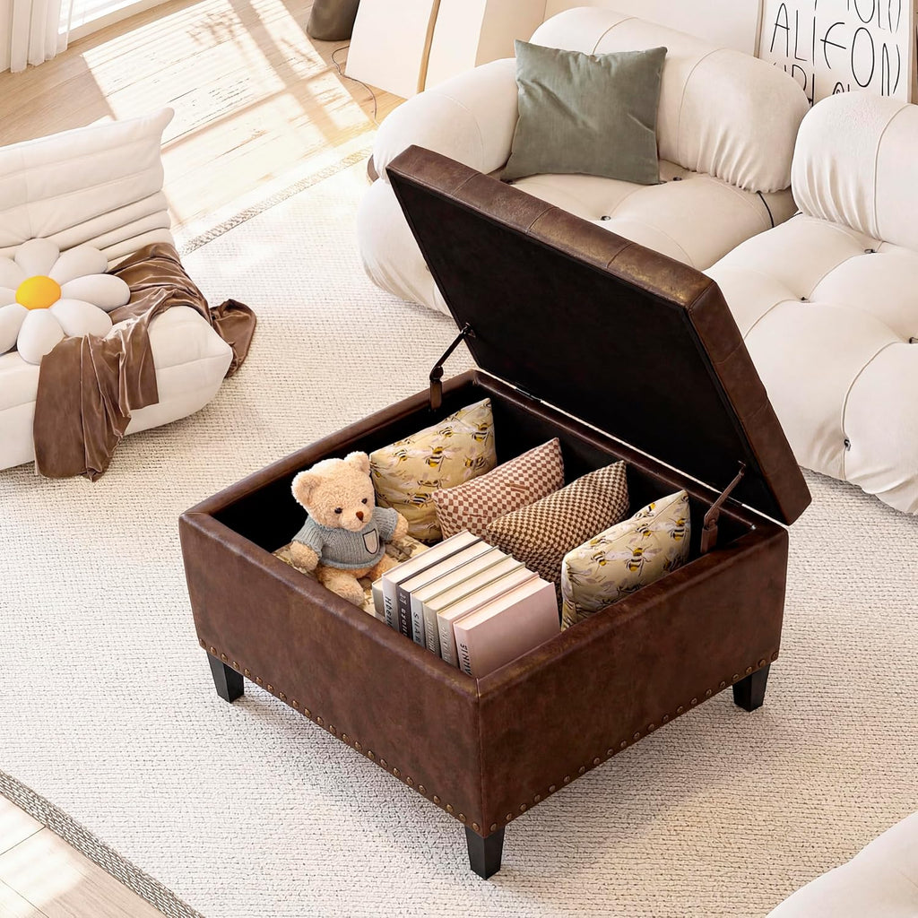 Faux Leather Storage Ottoman Bench, Square Tufted Coffee Table | 29.5" Nailhead Trim Upholstered Ottoman with