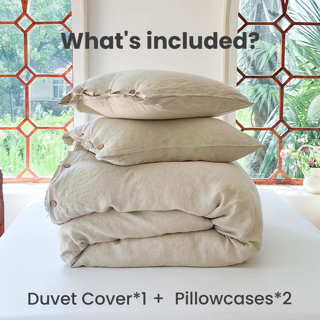 100% Linen Duvet Cover Set 3pcs with Coconut Button Closure Natural French Washed Flax Solid Color Soft Breathable