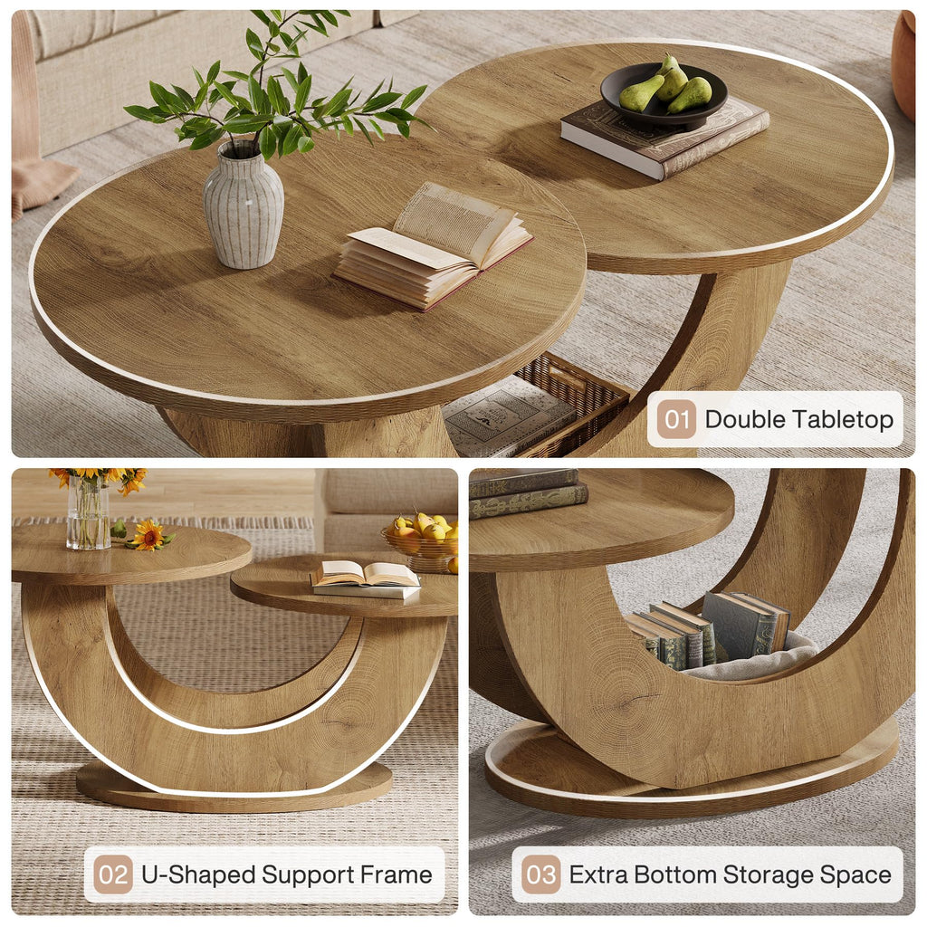 46-inch Round Coffee Table, Modern Living Room Coffee Table with Funky U-Shaped Frame, Low Accent Center Tea Table