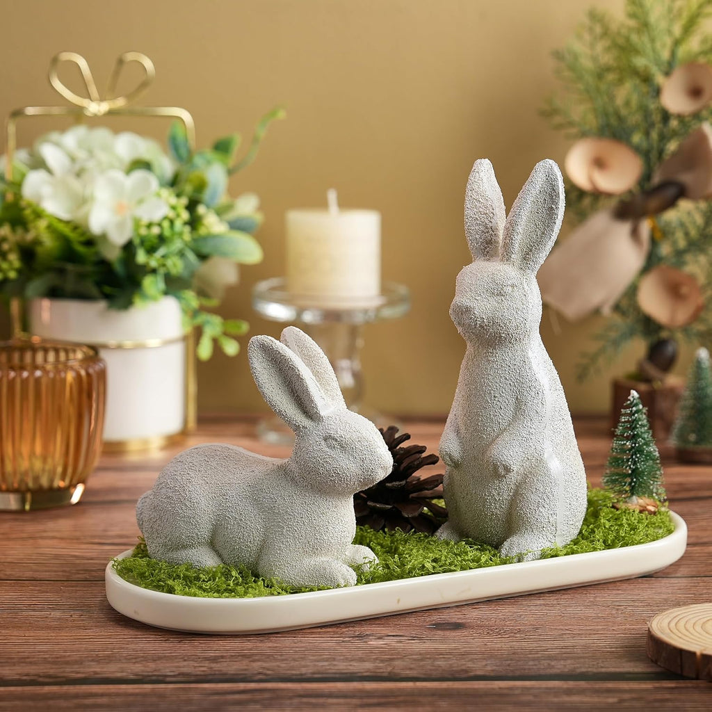 Easter Bunny Figurines, Resin Rabbit Figurines, Beige Bunny Statues for Rustic Easter Decorations - Set of 2