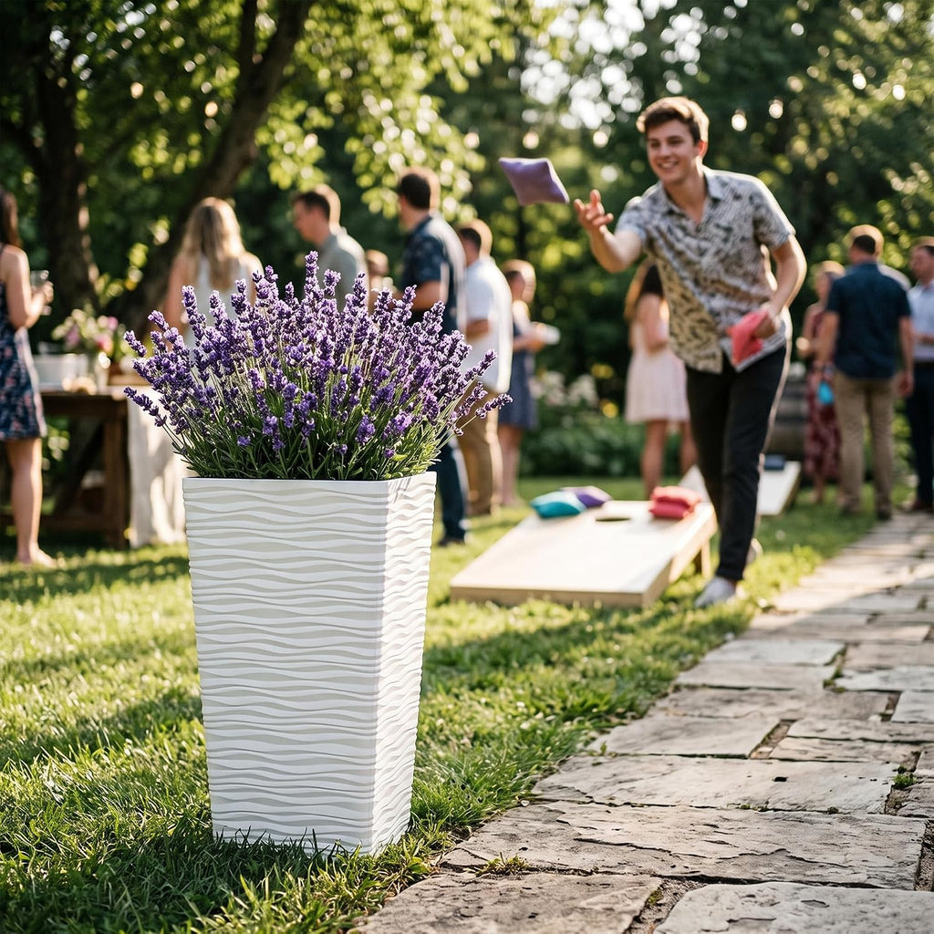 22" Tall Planters Set of 2 - White Square Plant Pots with Drainage Hole - Modern Large Tapered Matte Wavy Tree Flower