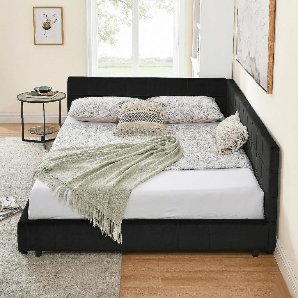 Queen Size Daybed L-Shaped, Modern Velvet Upholstered Sofa Day Bed Frame with Wood Slats Bedroom Guest Room, No Box