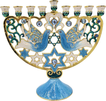 Hanukkah Large 12-Inch Tall Hand Painted Enamel, Star of David Magen David & Blue Bird Design, Hand-Painted Enameled