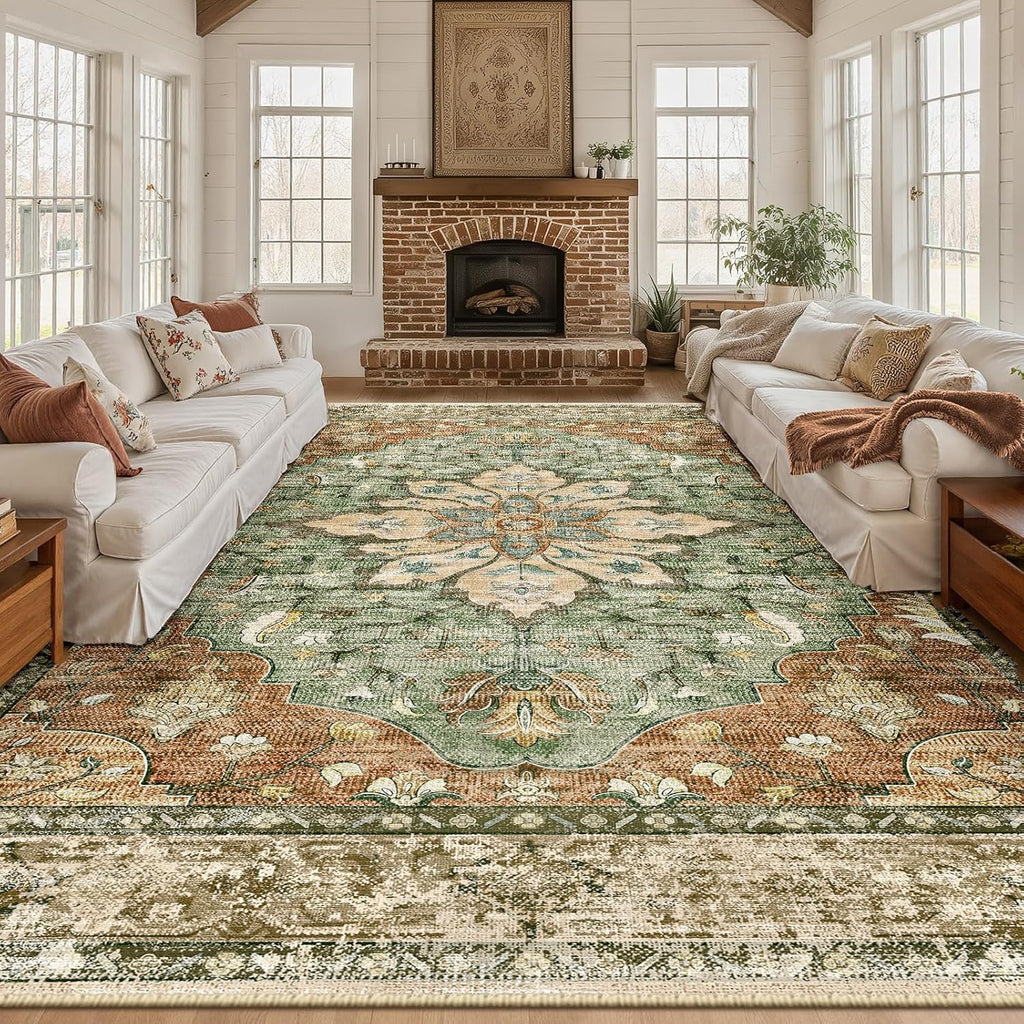 Area Rugs Large 9'x12' Washable Non-Slip, Floral Vintage Distress Medallion Carpet for Living Room B