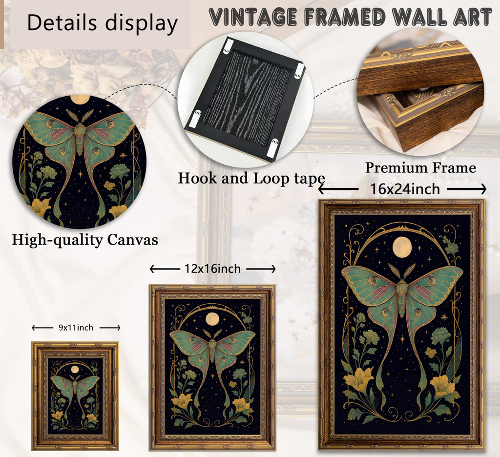 Vintage Gold Framed Dark Academy Luna Moth Wall Art, Celestial Moon Butterfly Flower Canvas Print Poster, Mystical