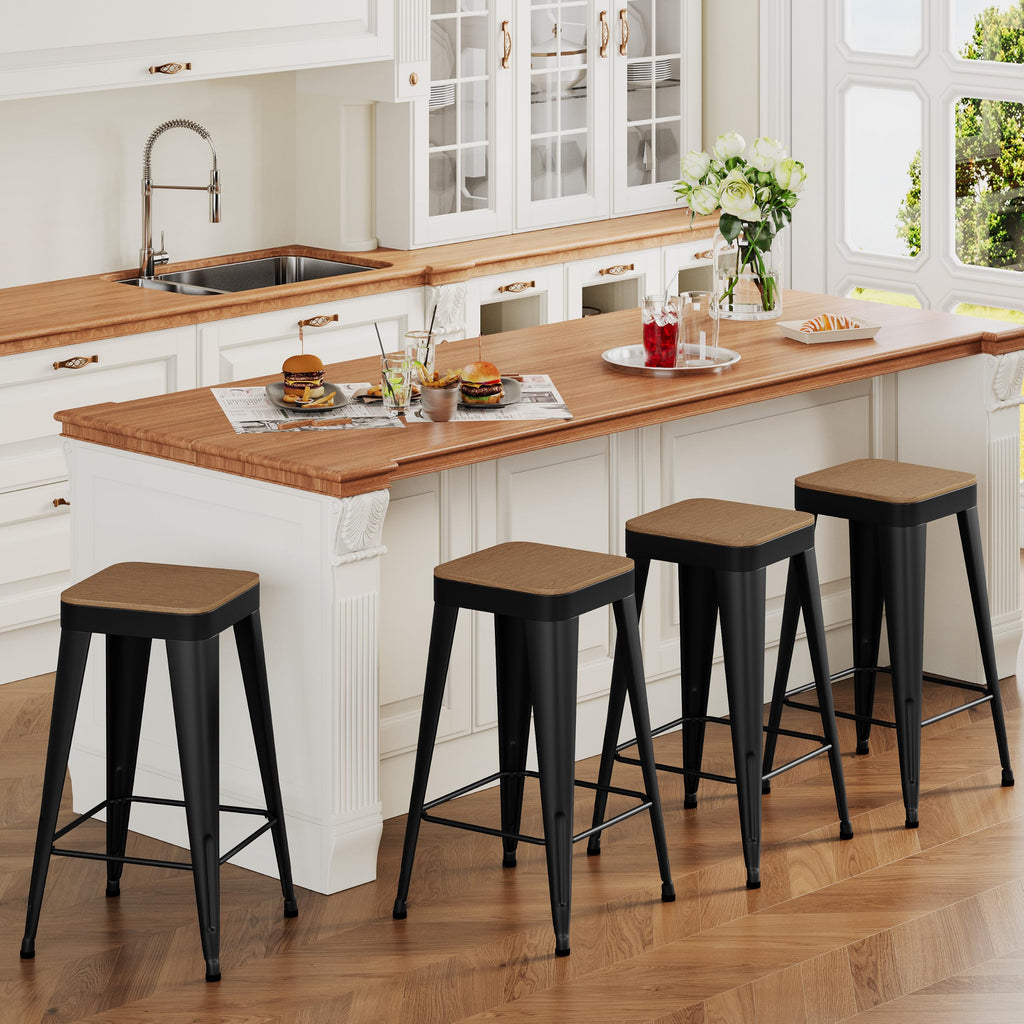 24" Metal Bar Stools Set of 4 Black Counter Height Stools with Wood Seat Stackable Backless Industrial Style Stools