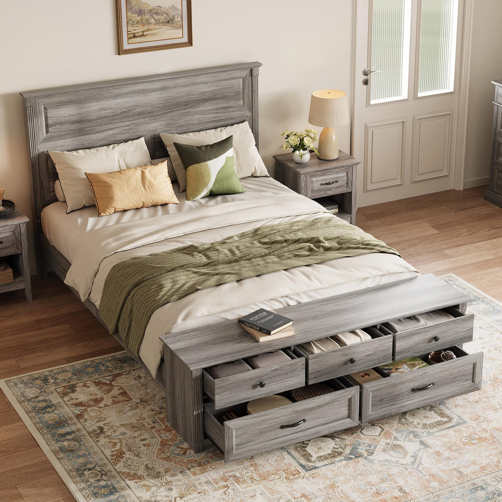 Storage Bed Frame Bedframe with Drawers, Rustic Grey