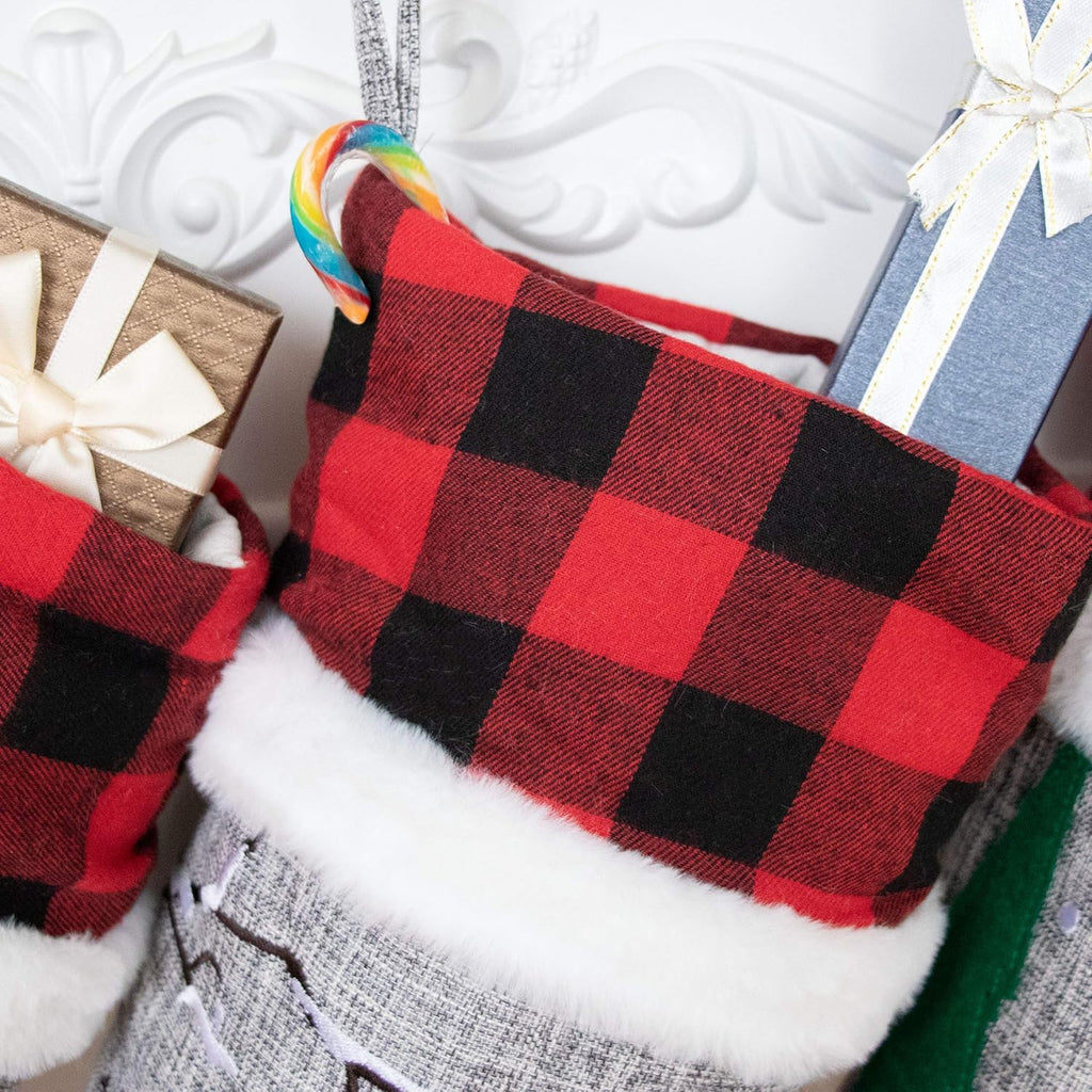 Christmas Stockings Gray Burlap Buffalo Red Plaid Soft Faux Fur 20 Inches Lovely Embroidery Pattern - Set of 6
