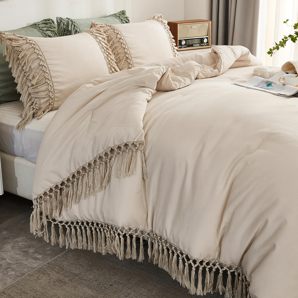 Beige Comforter Set Queen, 3 Pieces Boho Tassel Bedding