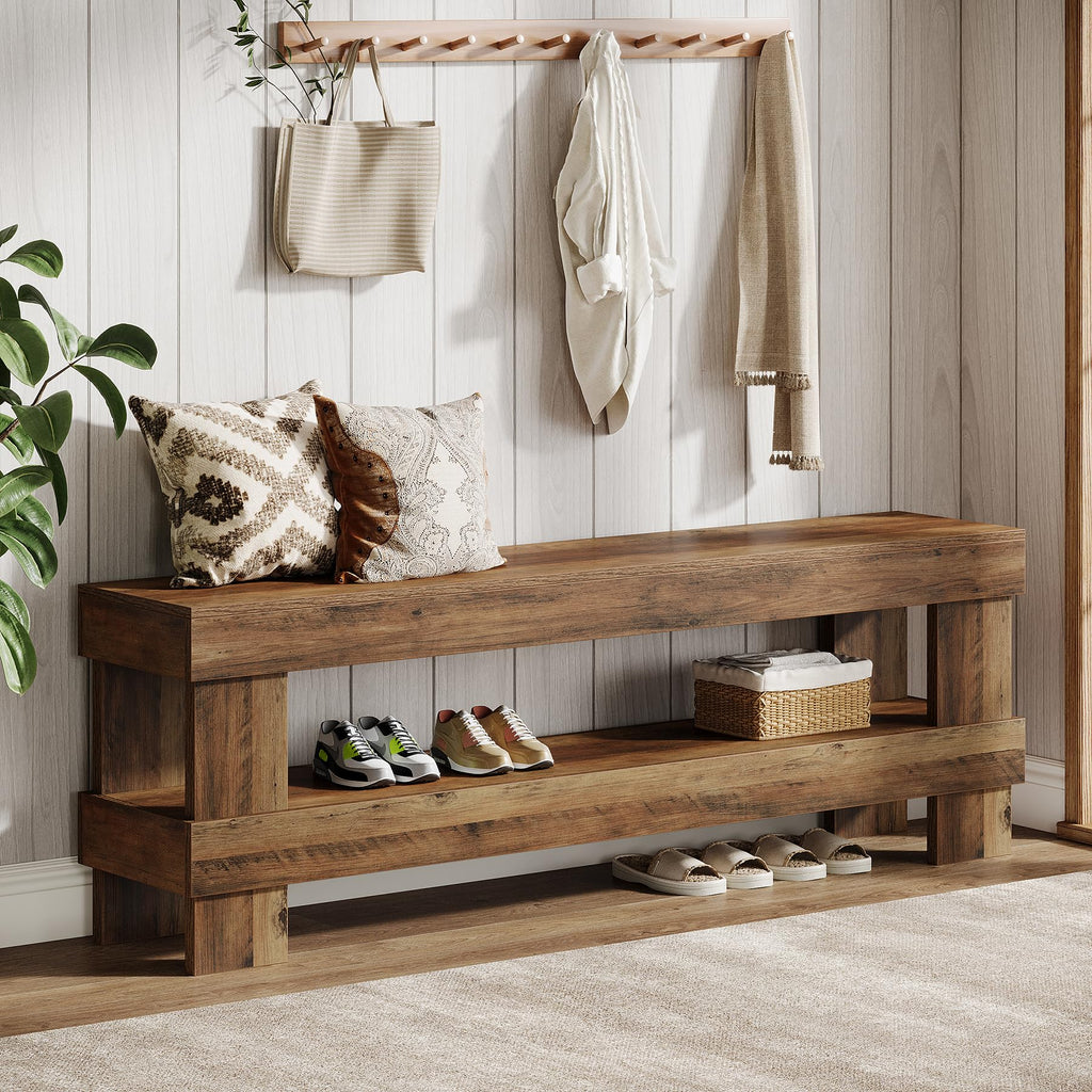 Farmhouse Entryway Bench, Rustic Brown 59-Inch Long Shoe Bench Seat with Open Storage Shelf, 2-Tier Narrow End of Bed