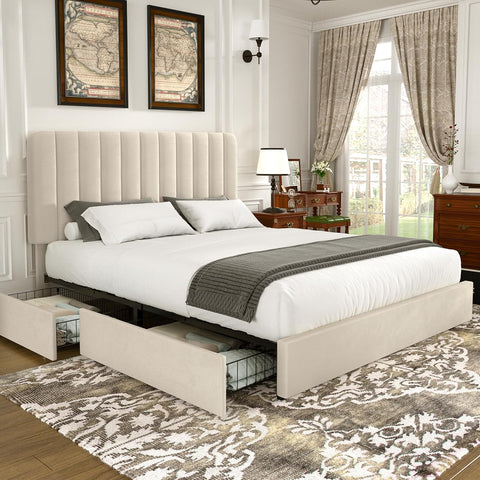 Queen Upholstered Bed Frame with 4 Drawers and Headboard, Velvet Platform Storage Bedframe, Wooden Slats Support