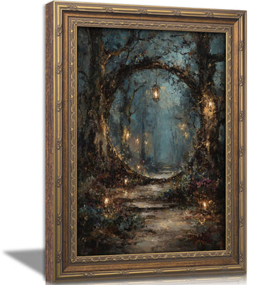 Vintage Gold Framed Wall Art, Gothic Victorian Forest Painting Canvas Print, Dark Academia Lanterns in Trees Picture