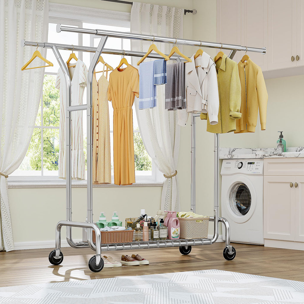 Heavy Duty Clothes Rack 630 LBS Double Rods Sturdy Shelves & Wheels