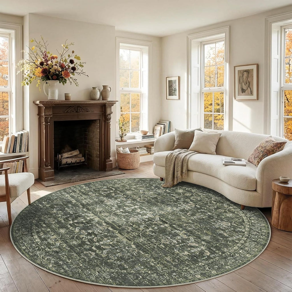 8ft Green Round Washable Area Rug for Living Room Vintage Boho Non Slip Circle 8x8 Large Rug Distres