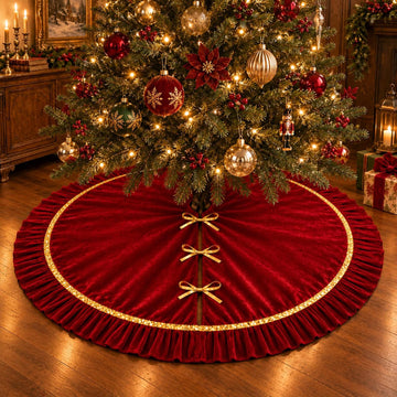Christmas Tree Skirt Burgundy Velvet Ruffle 48 Inch Xmas Tree Rug Skirt with Gold Sequin Trim Luxury Vintage Tree