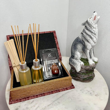 Cinnamon Roll Reed Diffuser Oil Gift Set in Red Storage Book Box with Resin Wolf Incense Cone Holder. Ideal Gift - Set of 6