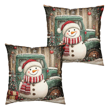 Christmas Snowman Pillow Covers 16x16 Set of 2 Green Xmas Truck Throw Pillow Covers Wooden Pattern Background