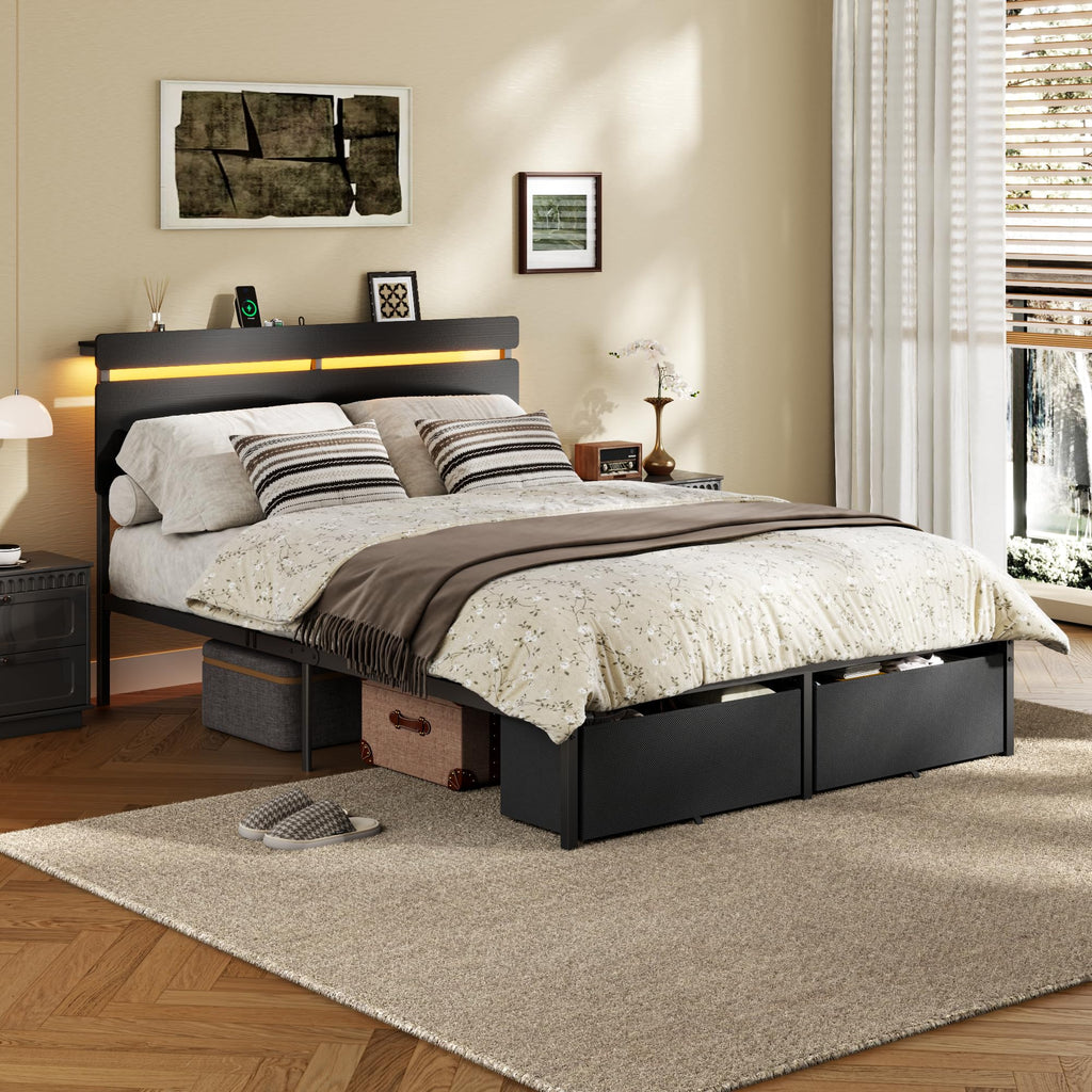 Full Size Bed Frame with Wood Headboard, 2 Storage Drawers & Shelf