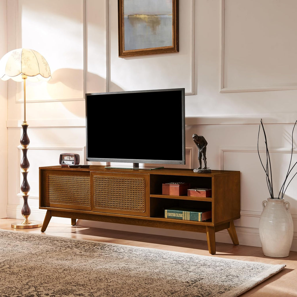 Mid Century Modern Rattan TV Stand for 65 Inch TV,59" Boho Media Console with Sliding Doors & Open Shelves,Solid Wood