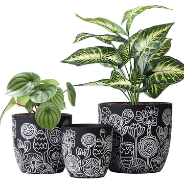 Terracotta Pots, 6.5+5+4.4 Inch Plant Pots with Drainage Hole- Floral Pattern, Black Boho Ceramic Planters for Indoor