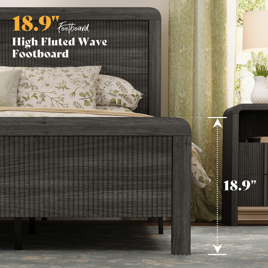 Full Wood Bed Frame with Fluted Headboard & Footboard, Black