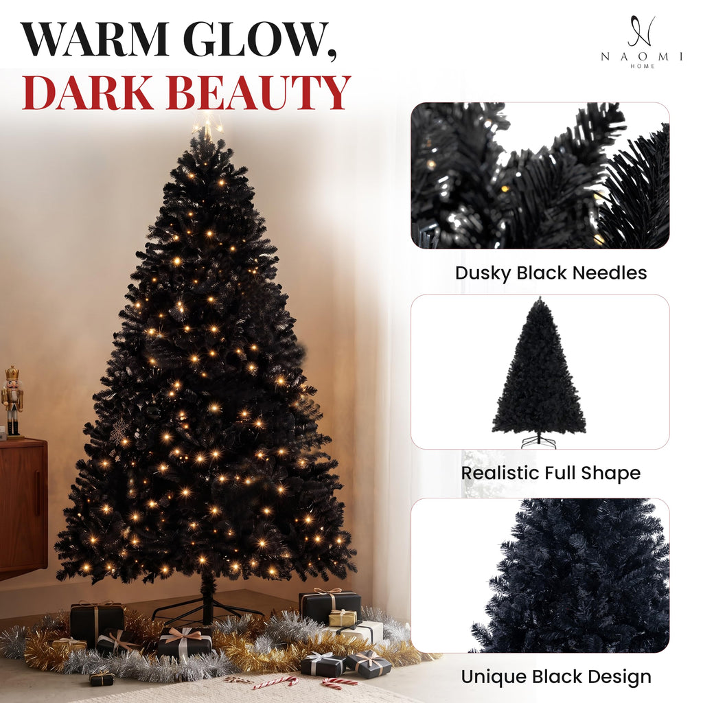 Dakota 7.5 ft Black Pre-Lit Christmas Tree, 600 Warm Lights