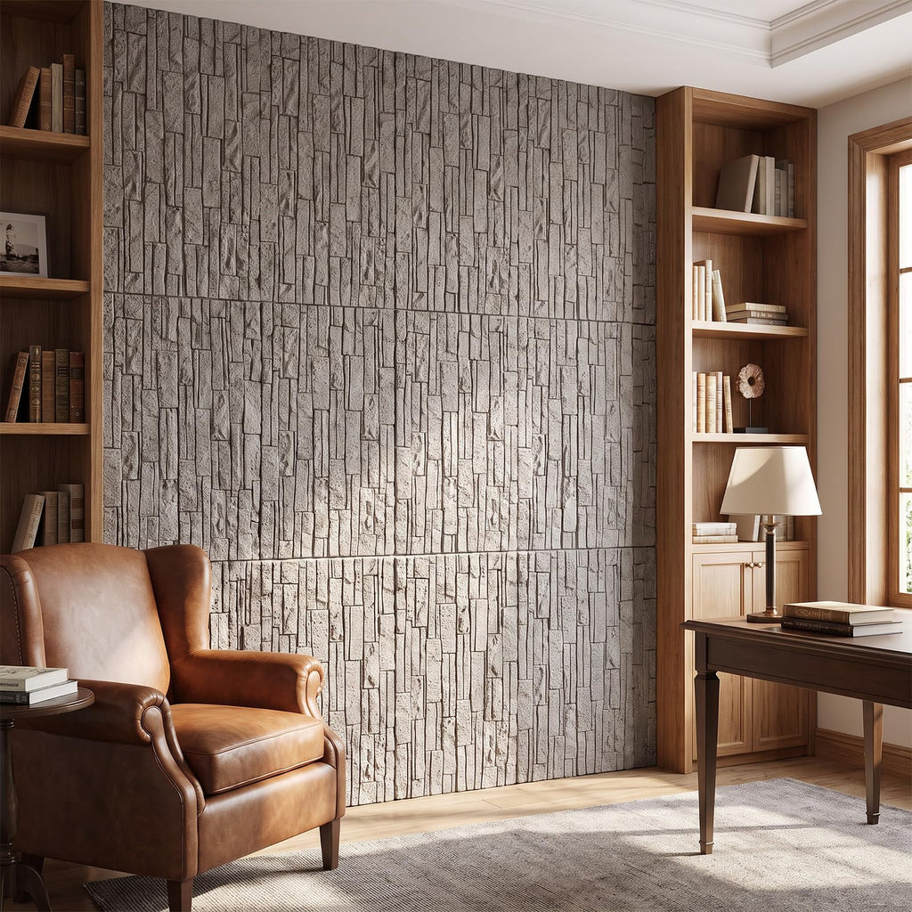 3D Faux Stone Wall Panels, 4 PCS PU Wainscoting Panel - Stacked Stone Design for Interior Wall Decor, Home & Office