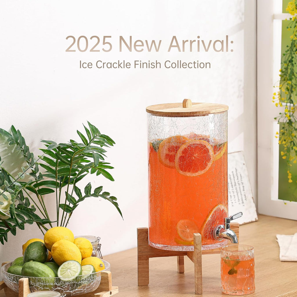 2 Gallon Glass Drink Dispenser with Stand, Beverage Dispenser with Wood Lid and Stainless Steel Spigot, Glass Water