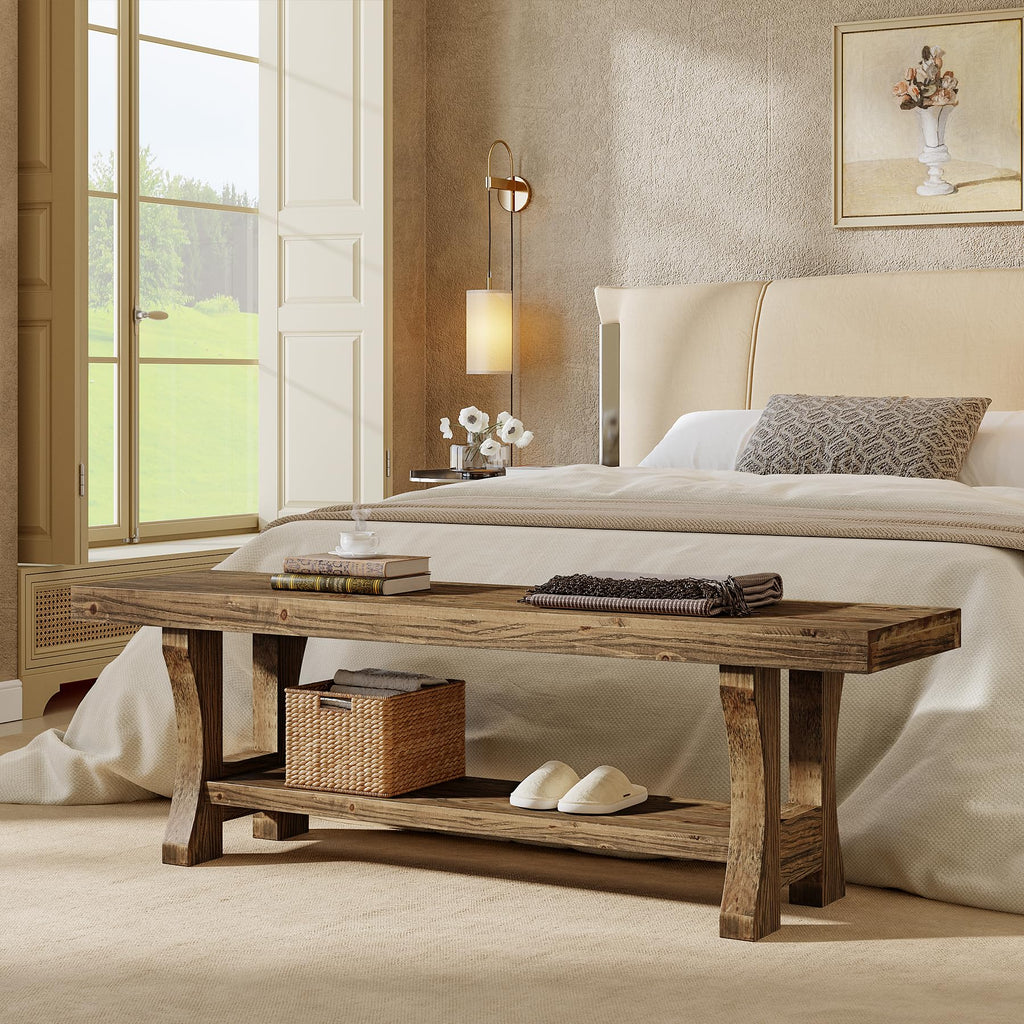 Solid Wood Storage Bench, Farmhouse Entryway Bench, Long Indoor Dining Seat, Easy Assembly, Dark Brown
