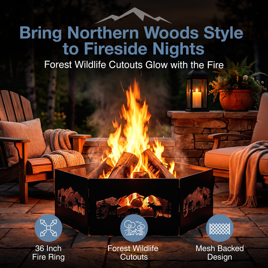 36" x 12" Zion Portable Folding Fire Ring, Steel Mesh Foldable Fire Ring, Northern Woods, Black