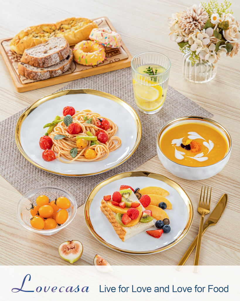 12 Pieces Plates and Bowls Sets, Porcelain White and Gold Dinnerware Sets, Round Dinner Plates Dishes Set Service