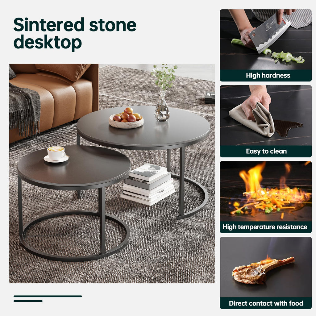 Round Nesting Coffee, Black Modern Decorative Coffee Center Set of 2, Round Sintered Stone 24'' Coffee with Sturdy