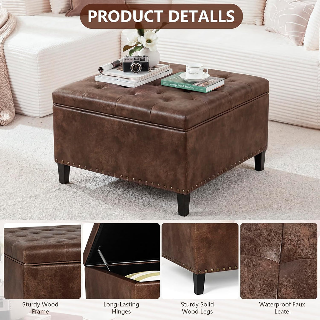 Faux Leather Storage Ottoman Bench, Square Tufted Coffee Table | 29.5" Nailhead Trim Upholstered Ottoman with